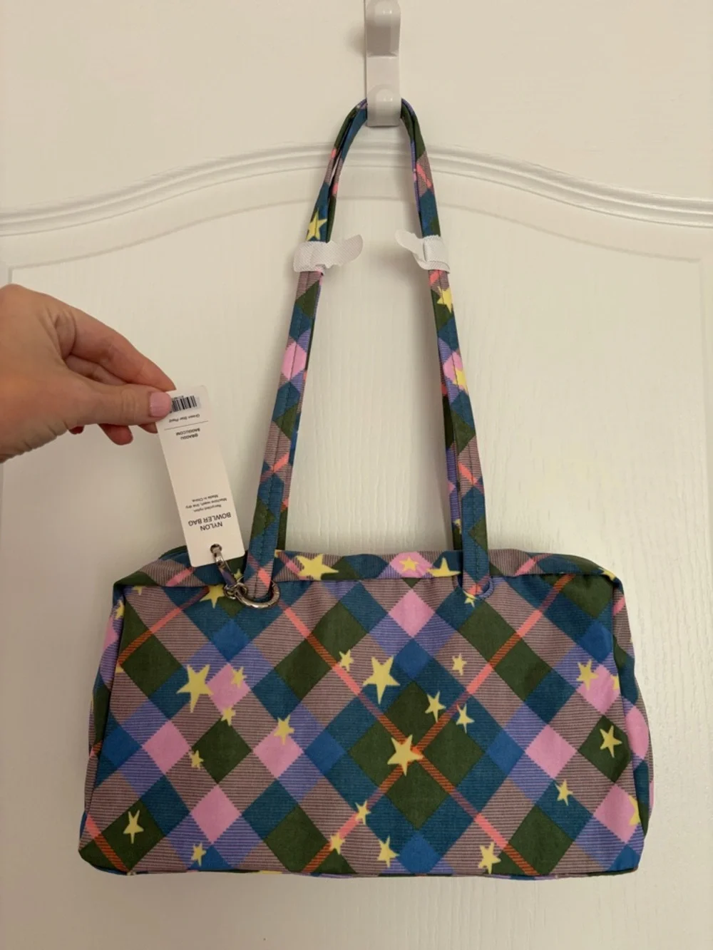 NWT BAGGU Green Star Plaid Regular Bowler Bag - Picture 3 of 4